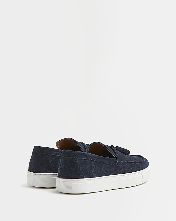 Navy suede tassel cupsole loafers