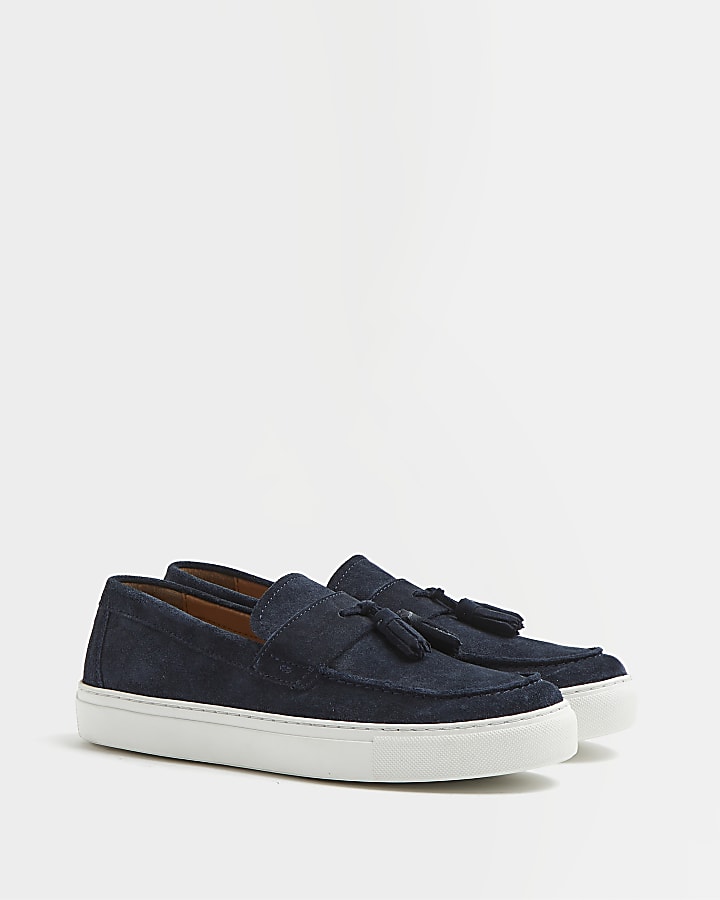 Navy suede tassel cupsole loafers