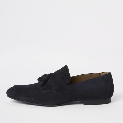 Navy suede tassel loafers