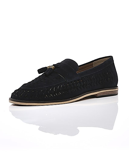 360 degree animation of product Navy suede woven tassel loafers frame-0