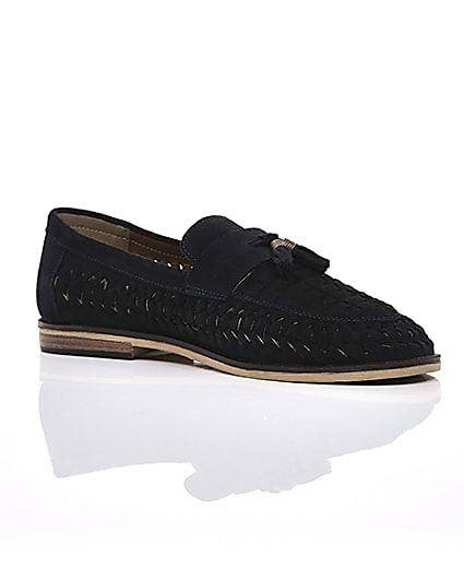 360 degree animation of product Navy suede woven tassel loafers frame-7