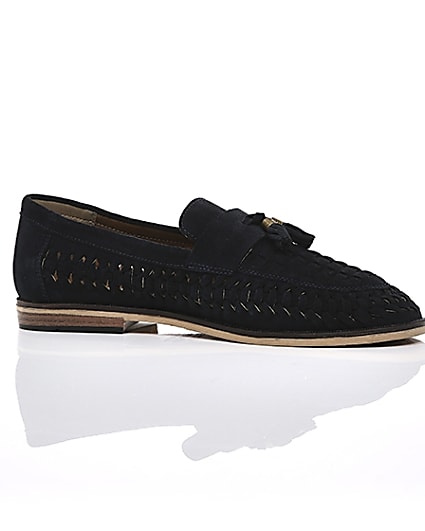 360 degree animation of product Navy suede woven tassel loafers frame-8