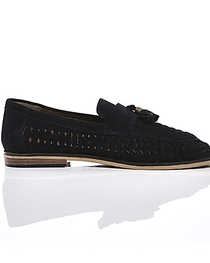 360 degree animation of product Navy suede woven tassel loafers frame-9