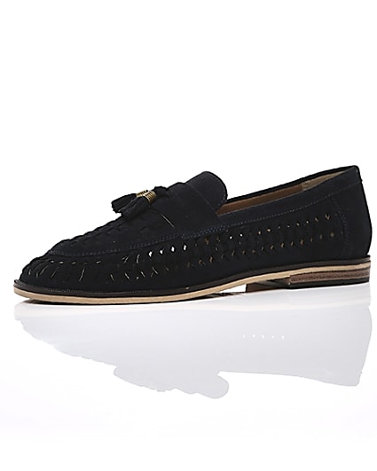 360 degree animation of product Navy suede woven tassel loafers frame-23