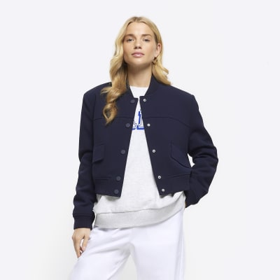 Navy tailored crop bomber jacket | River Island