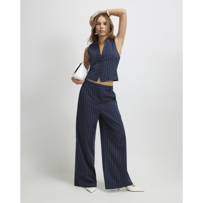 Navy Tailored Pinstripe Wide Leg Trousers