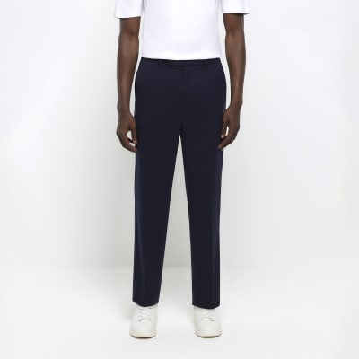 Navy tapered fit flannel smart trousers | River Island