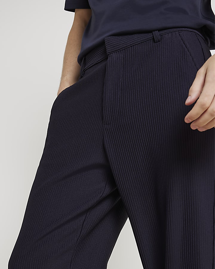 Navy tapered fit plisse smart trousers