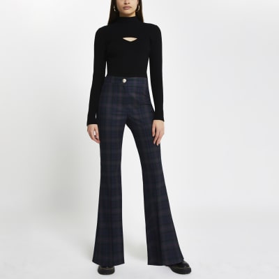 Navy tartan check flare trousers
