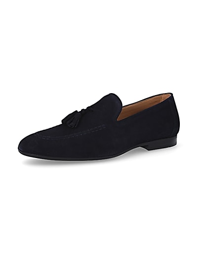 360 degree animation of product Navy tassel suede loafers frame-1