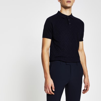 Navy textured knitted slim fit polo shirt River Island