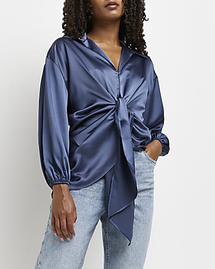 Navy tie front blouse