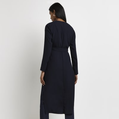 Navy tie waist duster jacket
