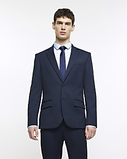 Navy twill skinny fit suit jacket
