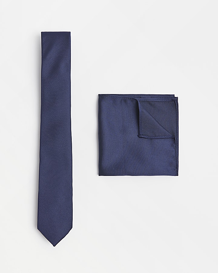 Navy twill tie and handkerchief set
