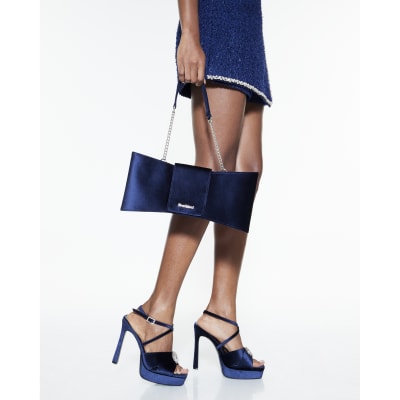 Navy Velvet Bow Clutch Bag River Island