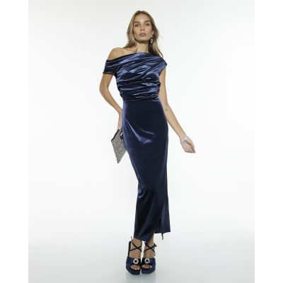 Navy Velvet Drape Midi Dress