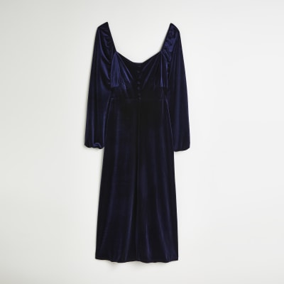 Navy velvet long sleeve midi dress