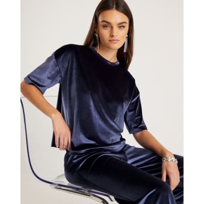 Navy Velvet Short Sleeve Boxy T-shirt