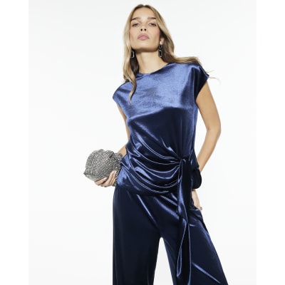 Navy Velvet Short Sleeve Tie Side Top