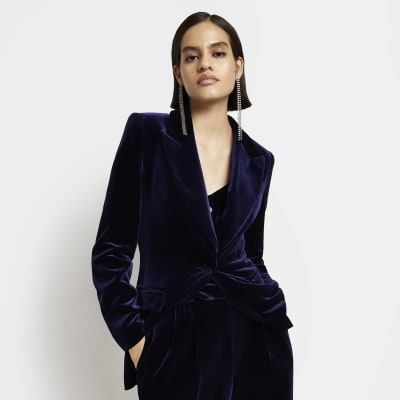 Navy velvet tailored blazer River Island
