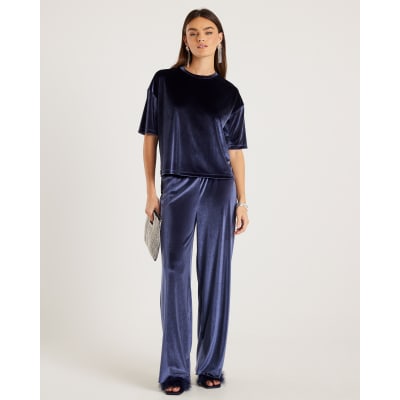 Navy Velvet Wide Leg Joggers