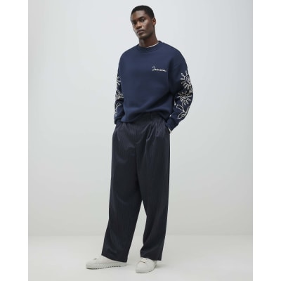 Navy Wide Leg Pinstripe Trousers