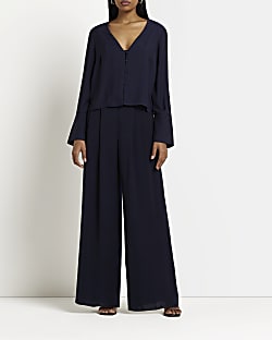 Navy wide leg pleated trousers