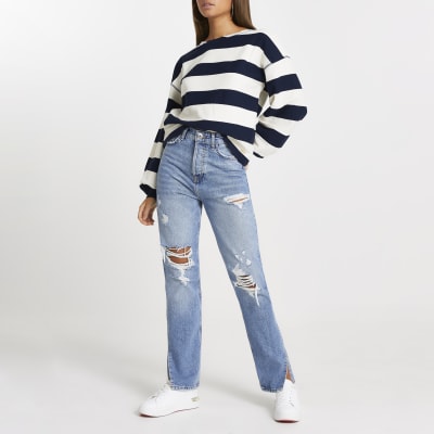 Navy wide stripe textured sweatshirt