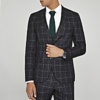 Navy window check skinny fit suit jacket
