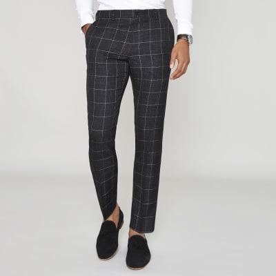 Navy window check skinny suit trousers