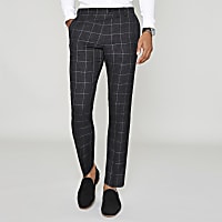 Navy window check skinny suit trousers
