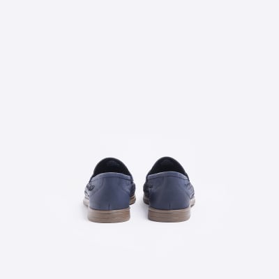 Navy woven tassel loafers