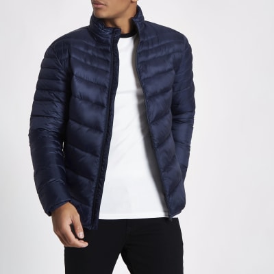 Navy zip front funnel neck puffer jacket