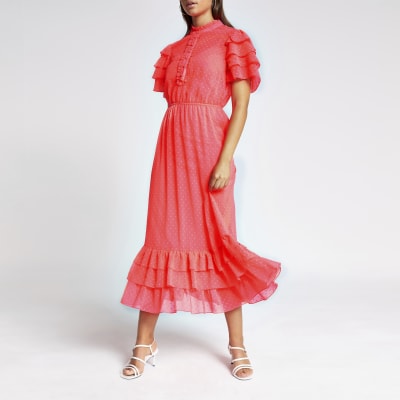 pink frill midi dress