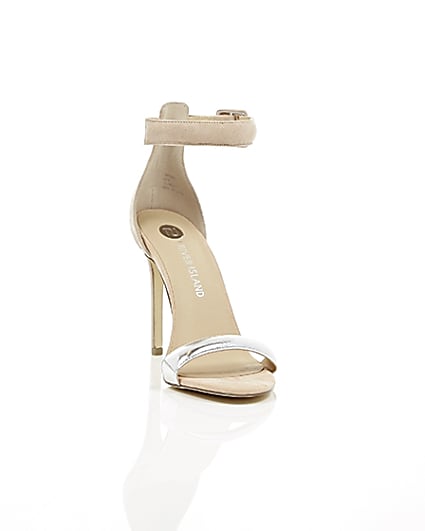 360 degree animation of product Nude silver strap barely there heeled sandals frame-5