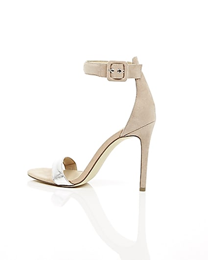 360 degree animation of product Nude silver strap barely there heeled sandals frame-20