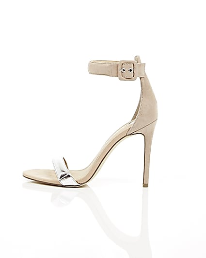 360 degree animation of product Nude silver strap barely there heeled sandals frame-21