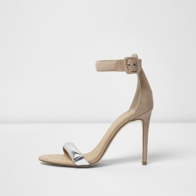 Nude silver strap barely there heeled sandals
