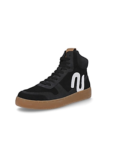 360 degree animation of product Nushu black 3D trim leather high top trainers frame-0