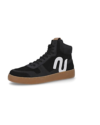 360 degree animation of product Nushu black 3D trim leather high top trainers frame-1
