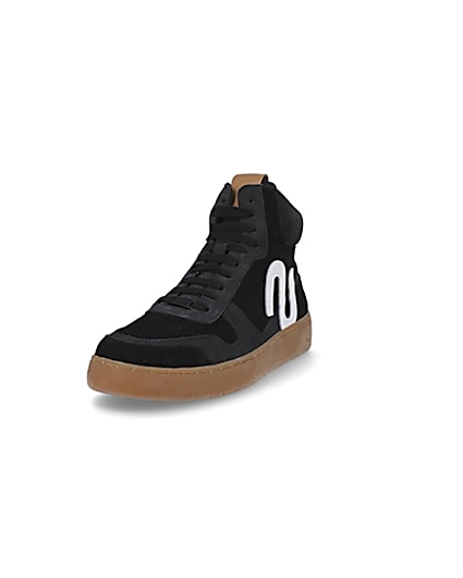 360 degree animation of product Nushu black 3D trim leather high top trainers frame-23