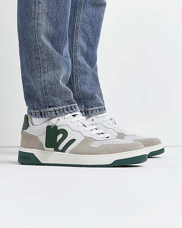 Nushu green 3d trim lace up leather trainers