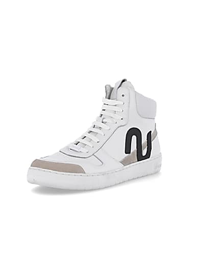 360 degree animation of product Nushu white 3d trim leather high top trainers frame-0