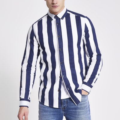 Only and Sons navy stripe twill shirt | River Island