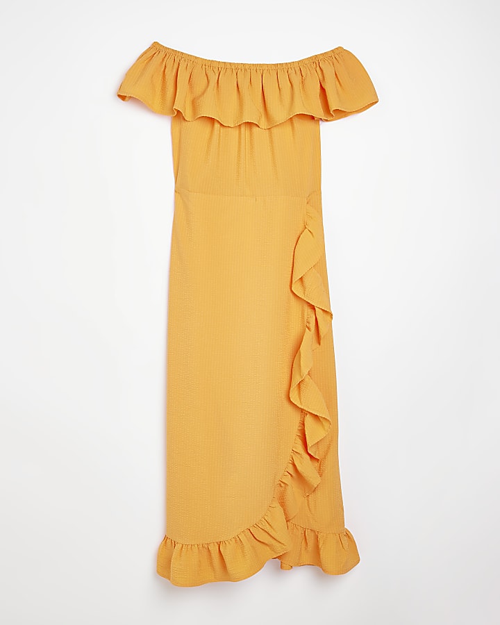 Orange  Bardot Frill Midi Dress