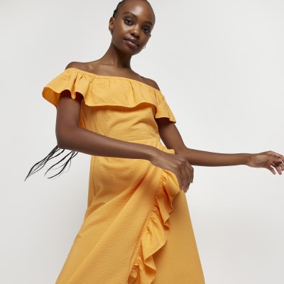 Orange  Bardot Frill Midi Dress