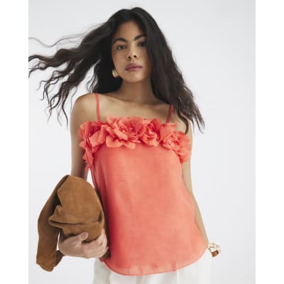 Orange 3D Floral Trim Cami Top