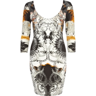 Orange abstract embellished bodycon dress River Island