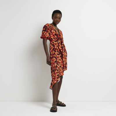 Orange animal print puff sleeve midi dress | River Island